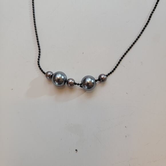 Gray Metallic Bead Choker 14 Inch Black Chain Necklace Vintage Costume Jewelry - Picture 4 of 10